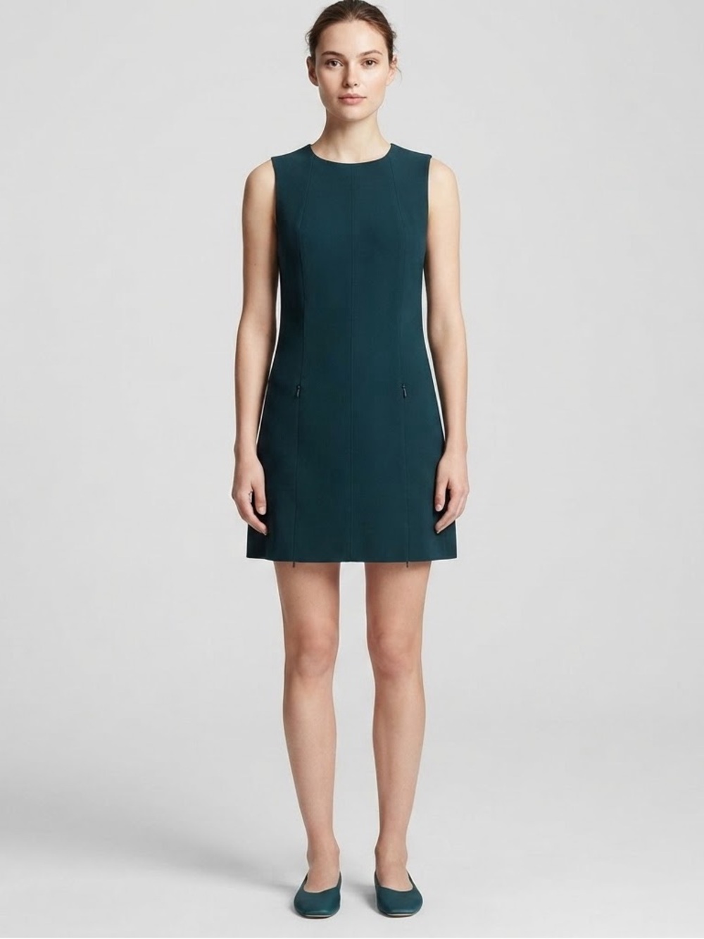 Akris Punto Sleeveless Sheath Dress Dark Green Zip Pocket Sz 6 Pre-Owned VG